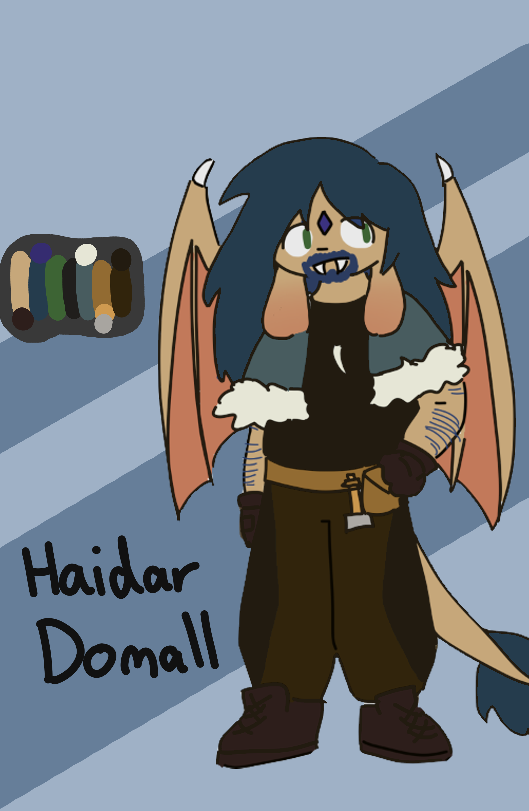 image of a tan skinned dralin with thick blue hair and beard, floppy dog-like ears, dragon wings and a thick tail. hes wearing a black tank top with blue fluffy material draped over his shoulders, brown pants, boots, gloves, and a utility belt. around his neck is a big sharp tooth on a string